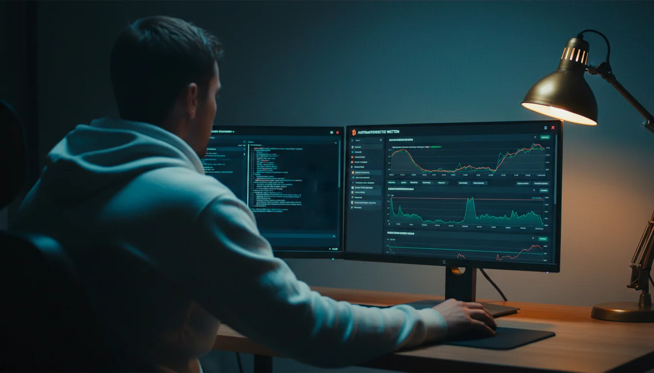 Person überwacht automatisierte Sportwetten-Software auf einem Monitor