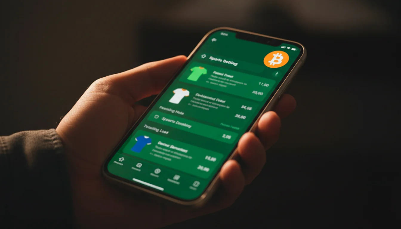 Smartphone mit Bitcoin-Sportwetten-App und Live-Quoten auf dem Bildschirm
