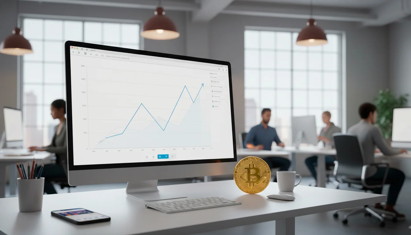 Sportwetten-Trends 2026 mit Bitcoin-Symbol auf einem modernen Arbeitsplatz