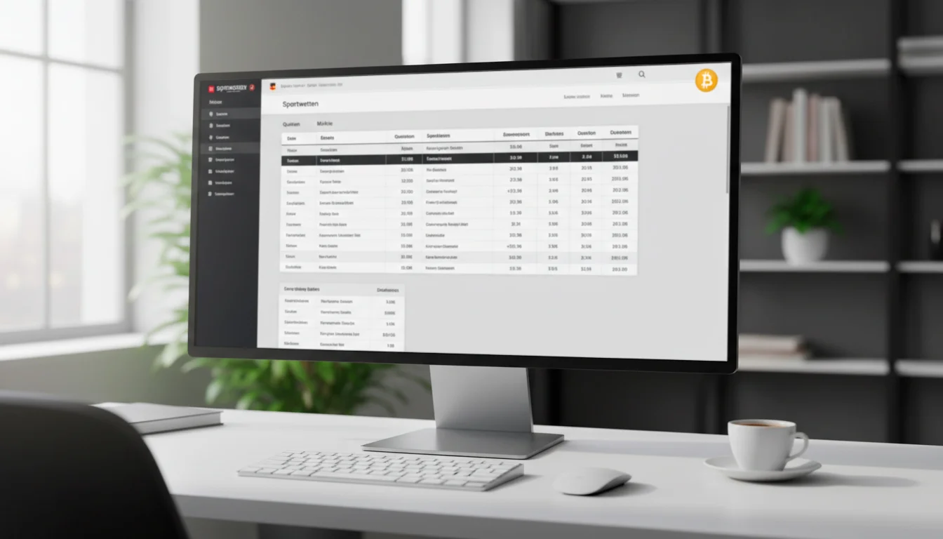 Desktop-Bildschirm mit Bitcoin-Wettplattform und Sportwetten-Übersicht